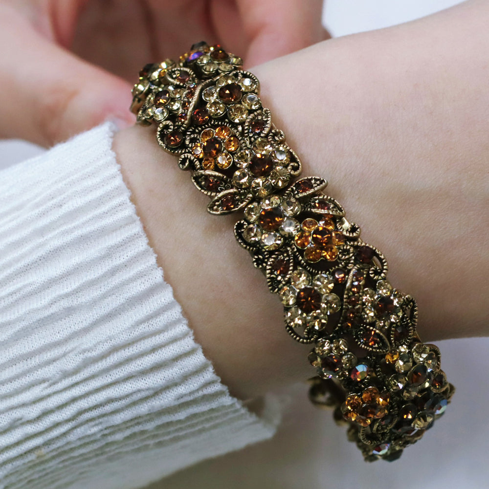 BNP Jewelry Austrian Crystal Wide Flower Cuff Bracelets Statement Big Band Bangles for Women Jewelry Gifts