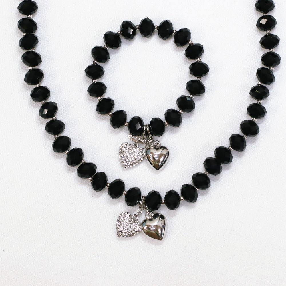 BNP Jewelry Black Crystal Heart Jewelry Set Unique Long Necklace Bracelet Handmade Made in Korea Accessories