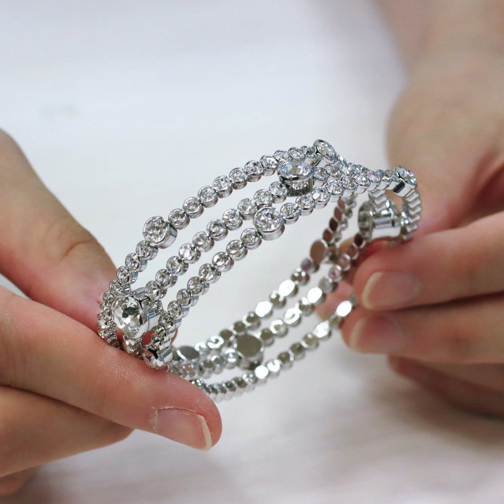 BNP Jewelry Cuff Crystal Bangle Free Size Party Dress Bold Luxury Bling Made in Korea